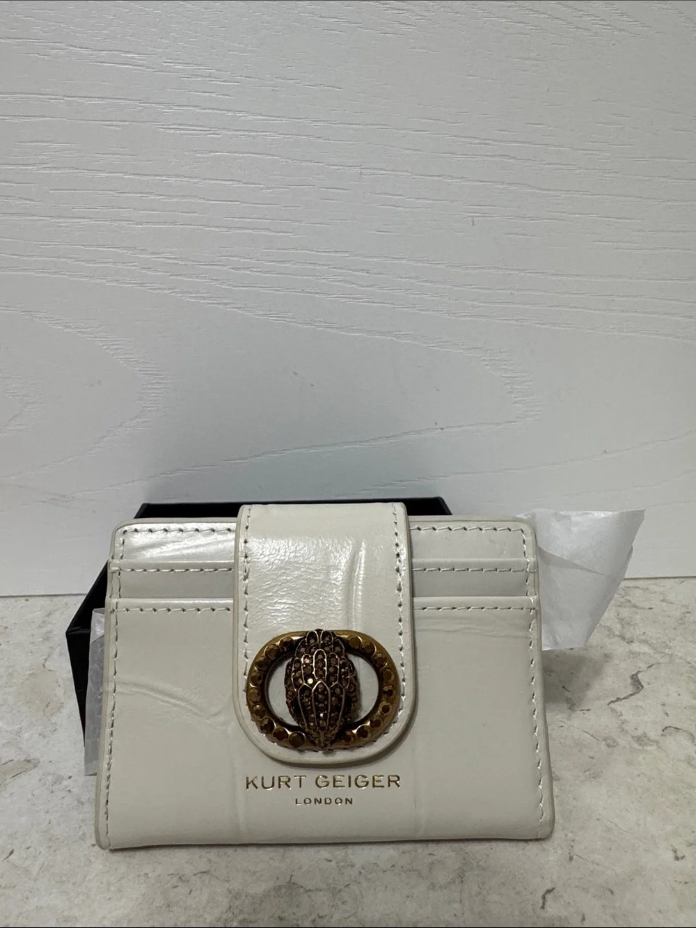 Kurt Geiger Leather Compact Chelsea Wallet with Gold Hardware -bone NWT and box